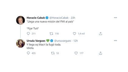 El mensaje de Horacio Cabak en Twitter y la respuesta de Úrsula Vargues