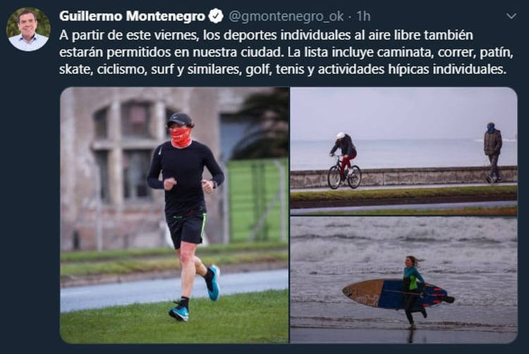 El Intendente firmó del decreto para reabrir cafeterías y habilitar deportes individuales al aire libre (Twitter: @gmontenegro_ok).