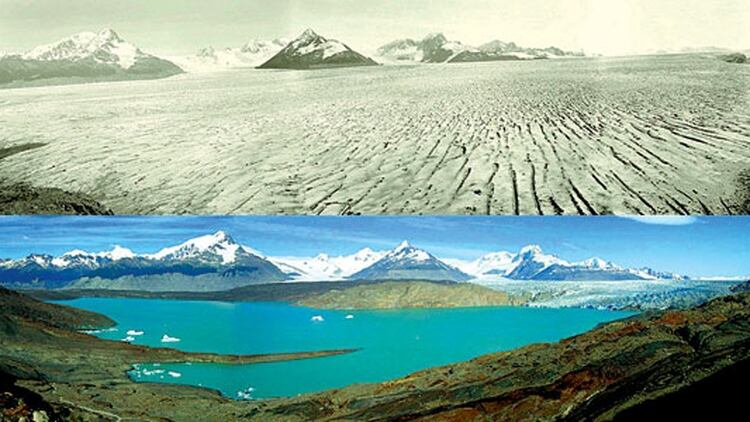 El glaciar Upsala, en la Patagonia Argentina, en una foto del aÃ±o 1928 y 2004, con el evidente retroceso de sus hielos