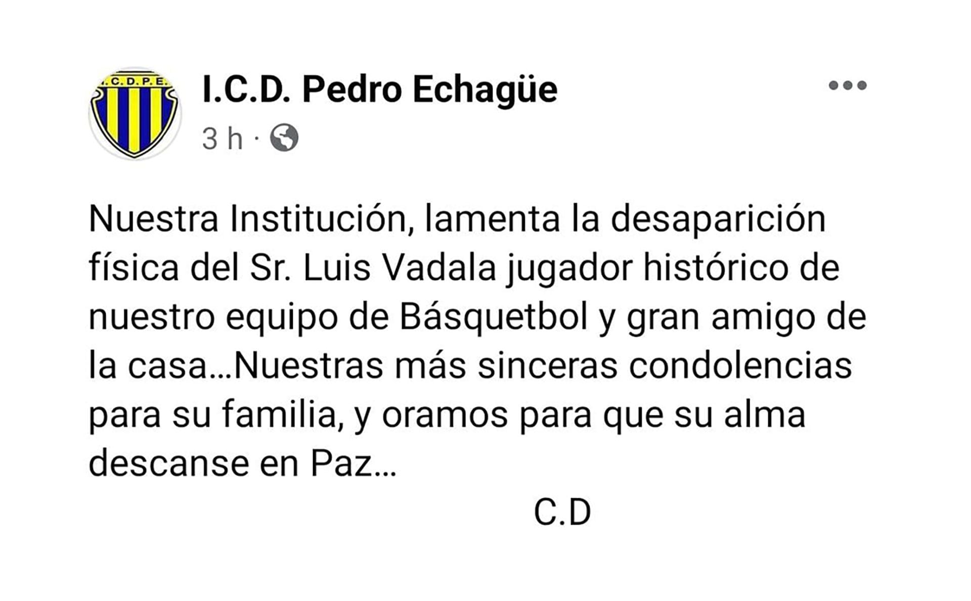 El club Pedro Echagüe despide a Luis Vadalá
