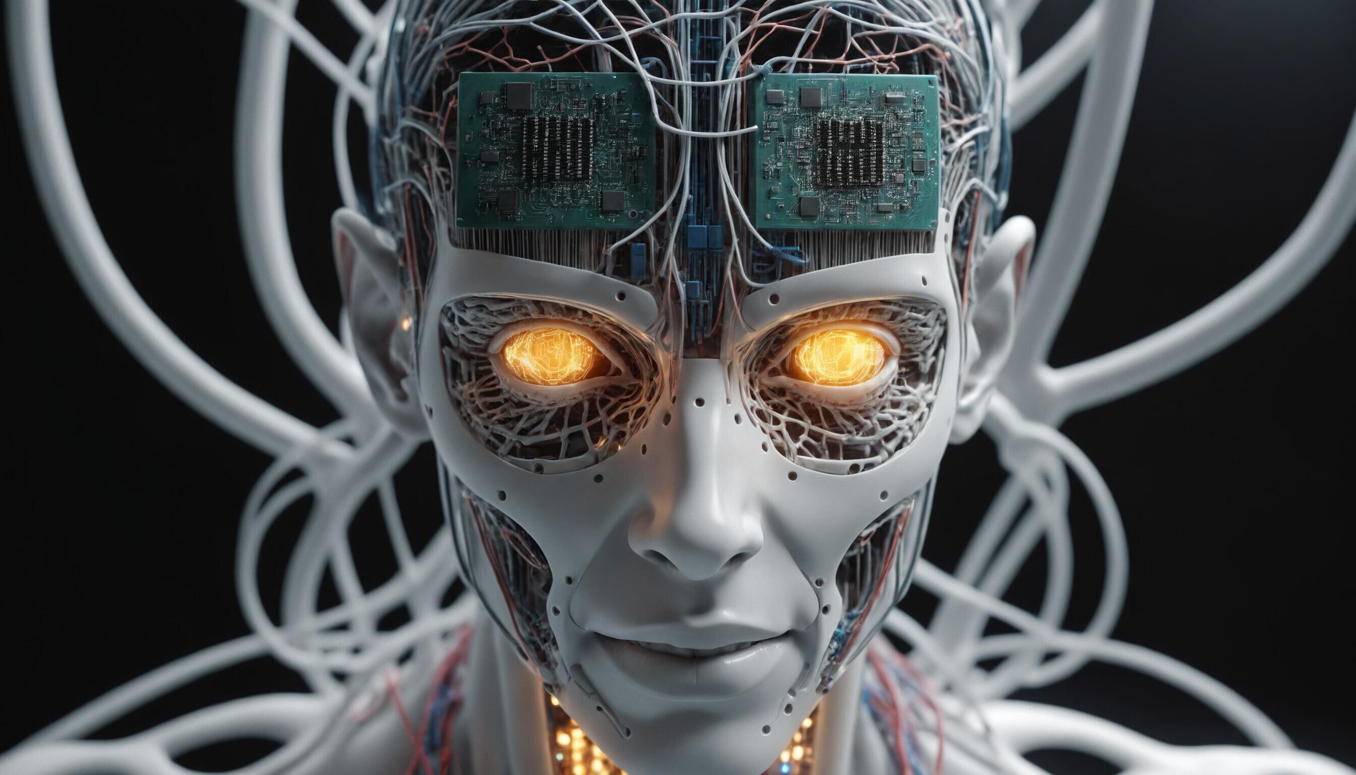 Ilustración en 3D de una cabeza de robot futurista, principalmente blanca con cables naranjas y azules enredados. La cara borrosa agrega un toque de misterio. Representación intrigante de la inteligencia artificial y futuros androides. (Imagen ilustrativa Infobae)