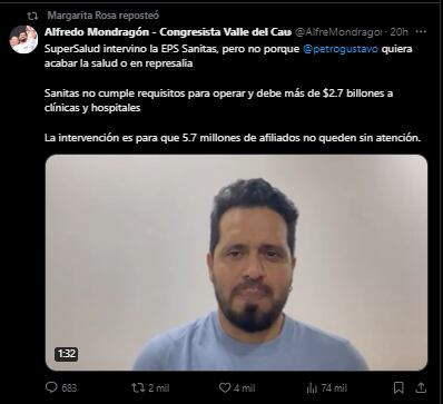 Margarita Rosa de Francisco expresó su posición sobre la intervención de Sanitas a través de un tuit de Alfredo Mondragón - crédito @AlfreMondragón / X