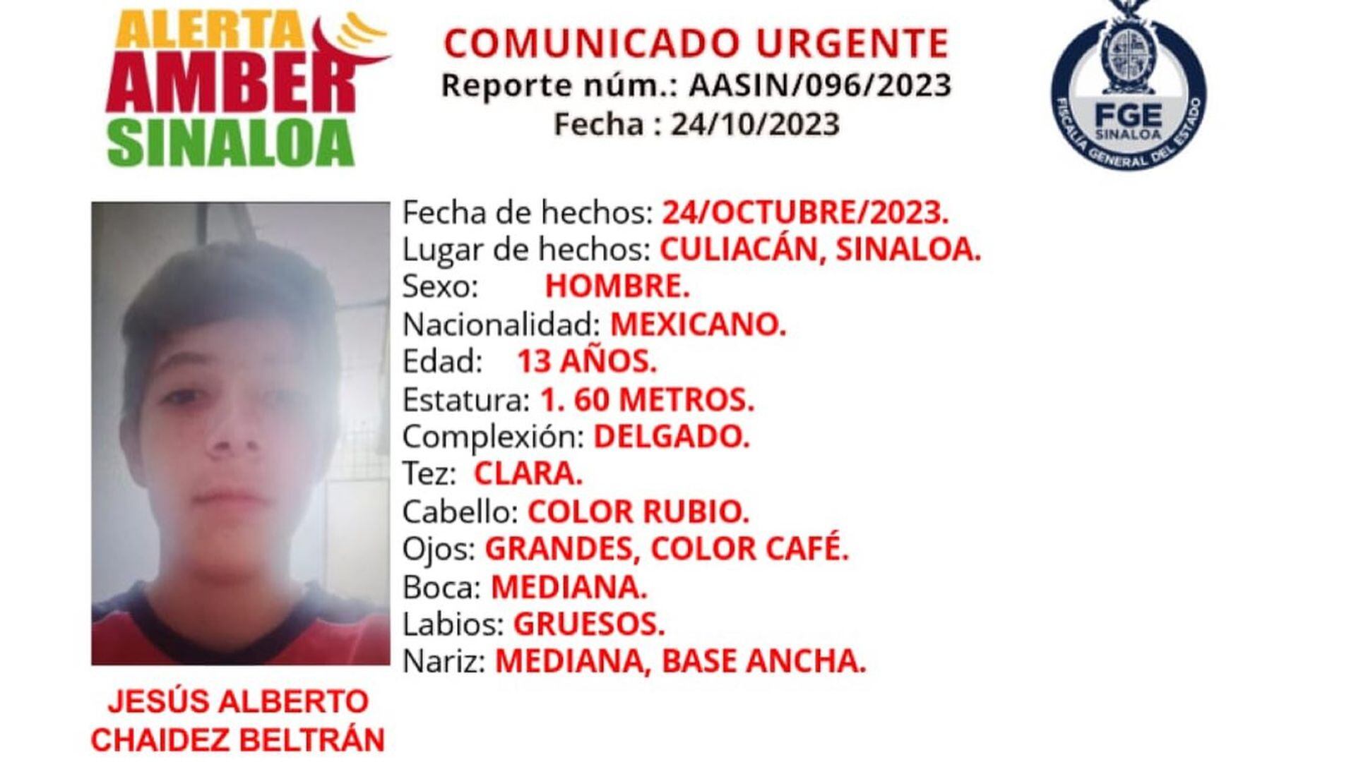 Jesús Alberto Chaidez Beltrán, de 13 años, fue uno de los jóvenes secuestrados en Culiacán. (FGE Sinaloa)
