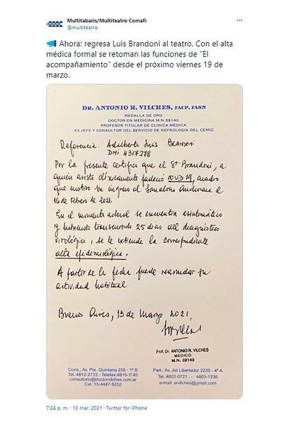 Rottemberg anunció el regreso de Luis Brandoni al teatro en Twitter 