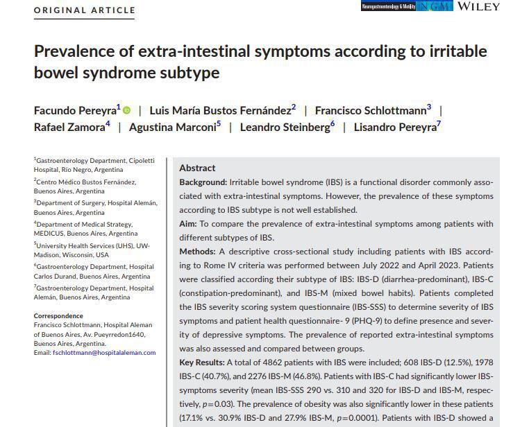 Prevalence of extra-intestinal symptoms according to irritable bowel syndrome subtype