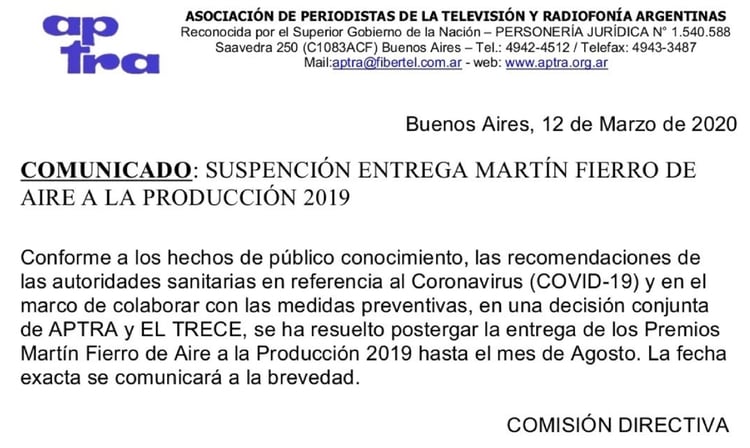 El comunicado que anuncia la postergación de la entrega d elos premios más importante de la televisión argentina