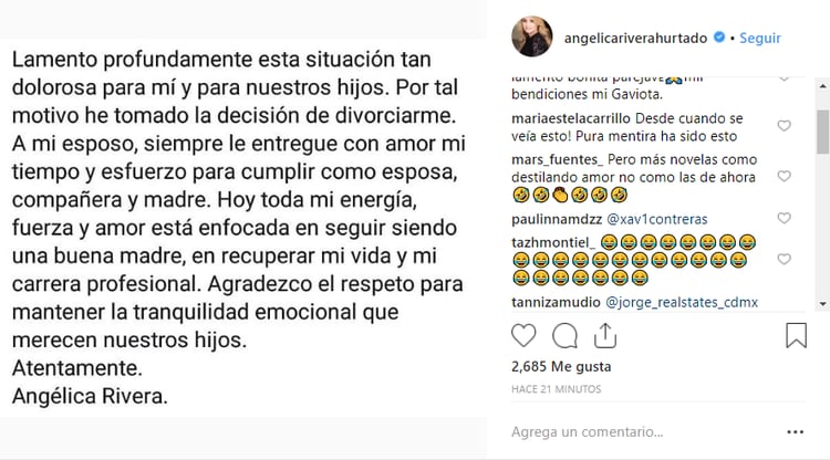 Resultado de imagen para divorcio de angelica rivera en instagram