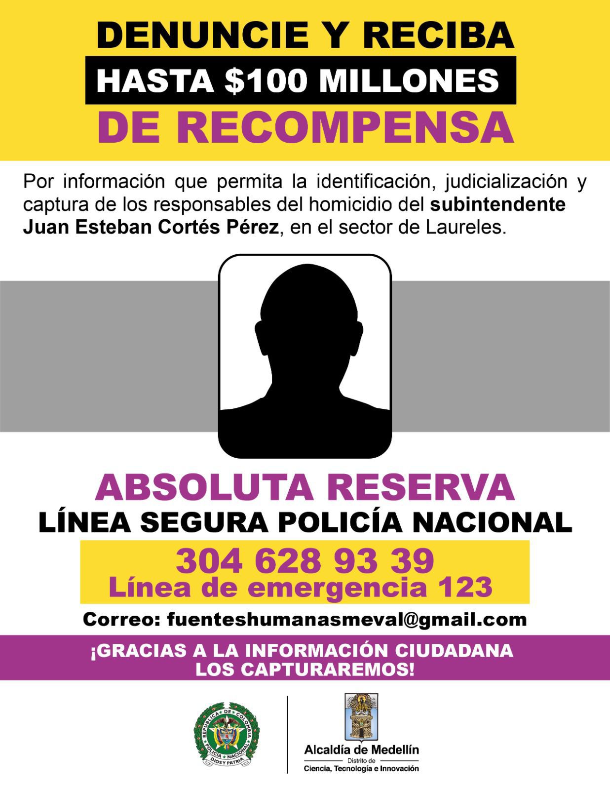 Recompensa por asesino de policía en Medellín - crédito Alcaldía