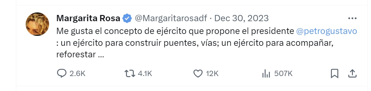 Margarita Rosa de Francisco apoyó perspectiva de Gustavo Petro frente al papel del Ejército Nacional - crédito @Margaritarosadf/X