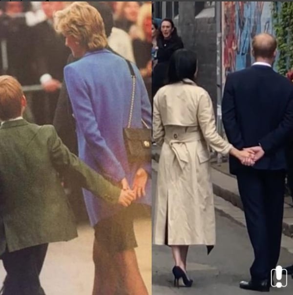 El príncipe Harry toma de la mano a su esposa igual que su madre lo hacía con él (@amandalynnbutler)