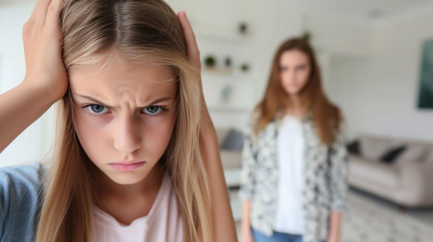 En una escena de la vida cotidiana, una madre señala a su hija, que responde con una mirada de frustración. Este momento representa un desafío en el proceso de crianza, mostrando cómo el enojo puede surgir de malentendidos o diferencias de opinión. La fotografía subraya la necesidad de abordar estos conflictos con empatía y buscar soluciones que fortalezcan la relación parental. (Imagen ilustrativa Infobae)