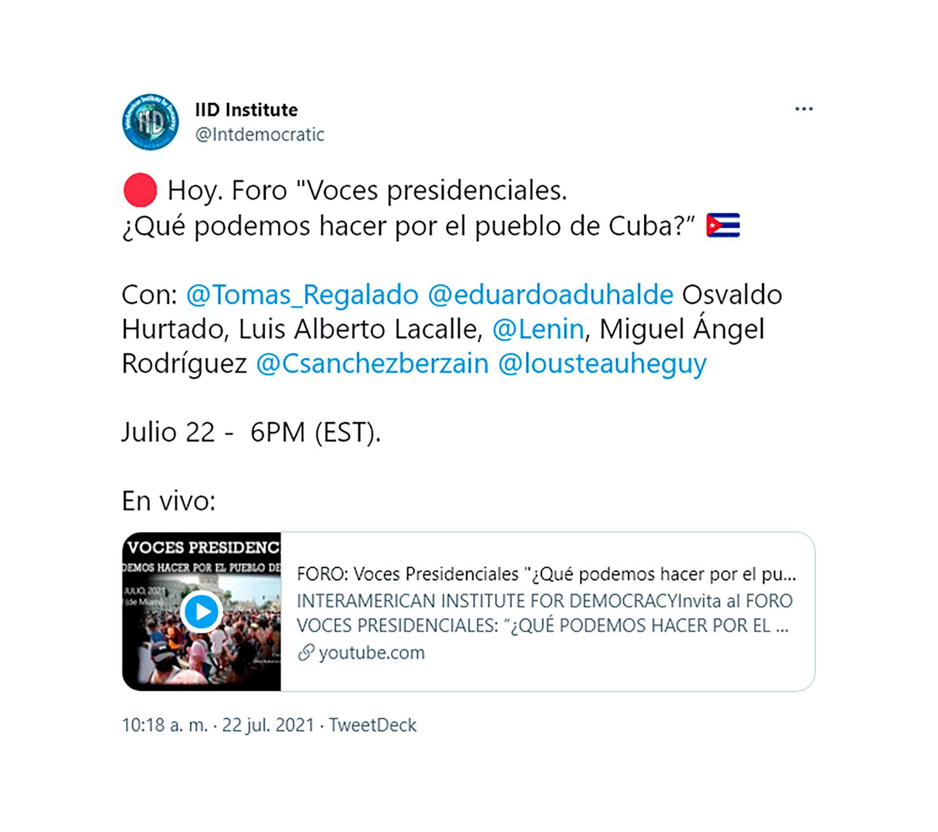 Foro organizado por el Interamerican Institute for Democracy tuit