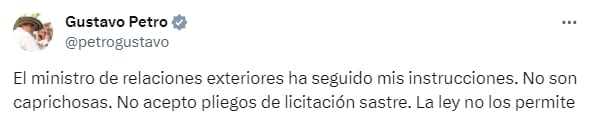 Gustavo Petro defendió al su excanciller e indicó  que solo siguió sus órdenes - crédito @PetroGustavo / X