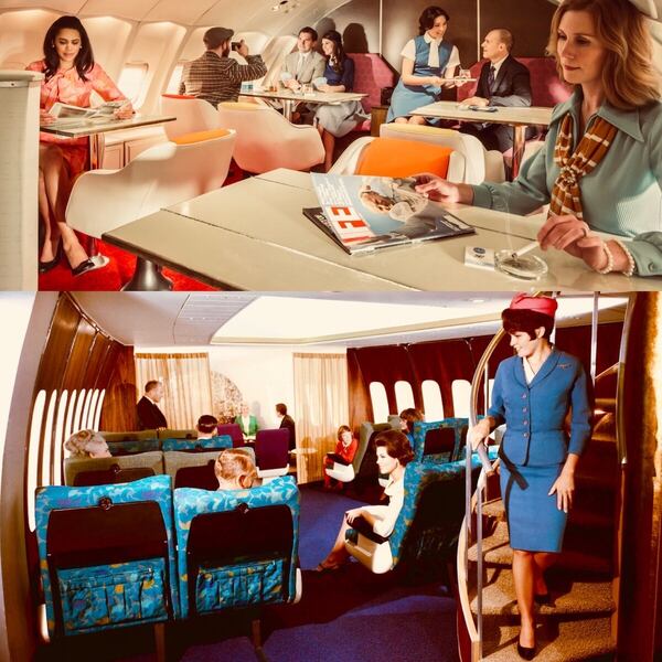 Pasajeros disfrutan de un descanso y un cigarrillo en la cabina superior de un 747. Debajo, la característica escalera caracol del jumbo