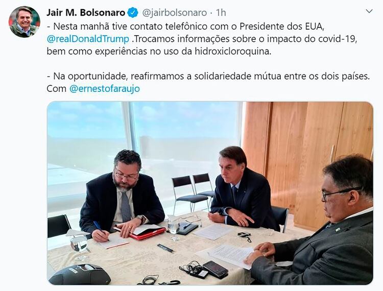 El tuit de Bolsonaro con el que informó sobre su diálogo con Trump