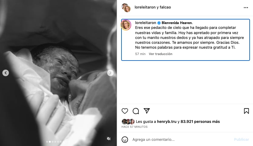 Falcao García compartió las imágenes de la pequeña Heaven, que nació el 24 de julio. @falcao/Instagram