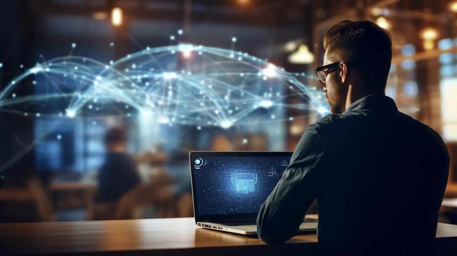 Hombre trabajando con laptop e inteligencia artificial, sumergiéndose en el mundo digital. Conexión a internet, productividad, machine learning y software avanzado en acción. (Imagen ilustrativa Infobae)