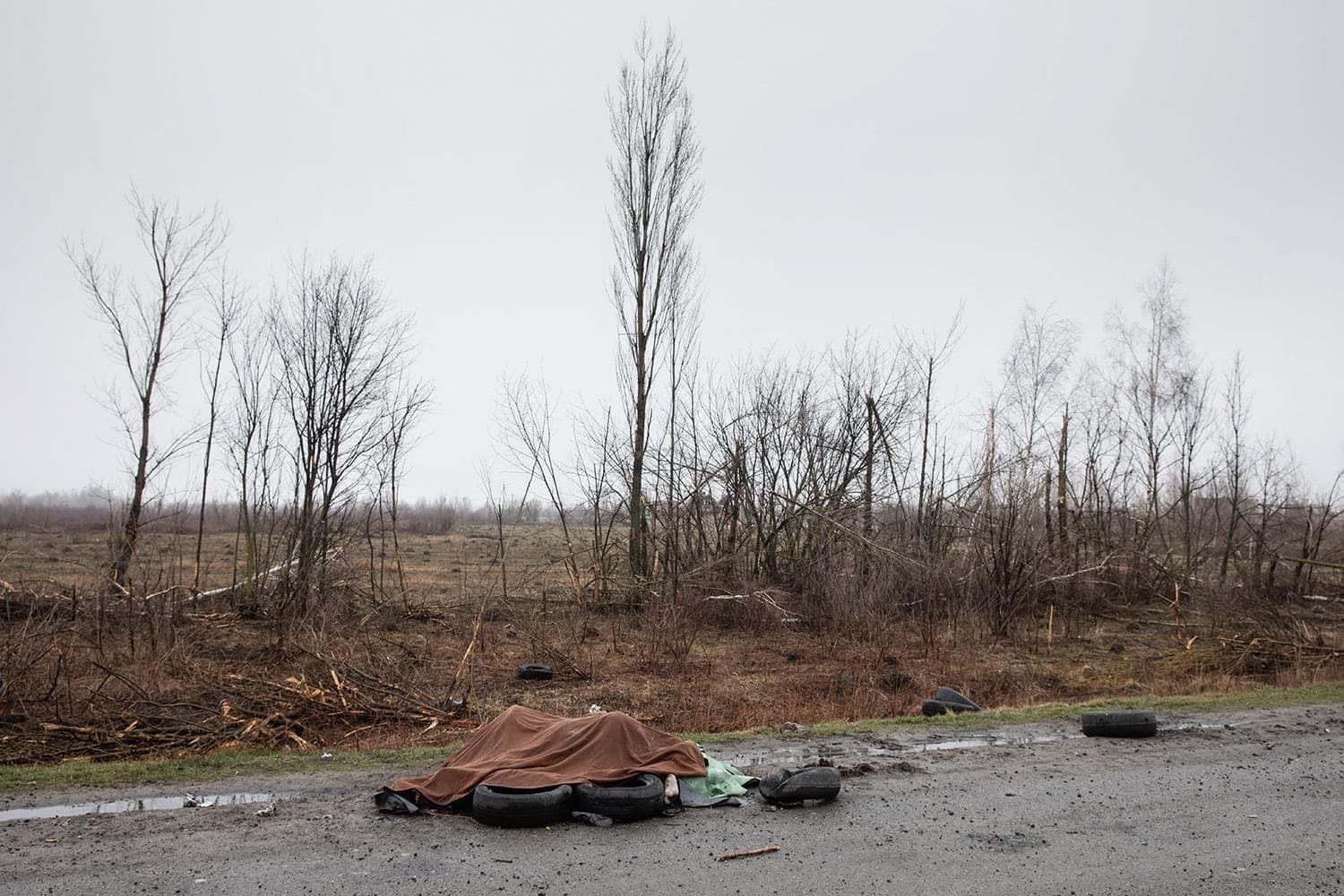 Imagen tomada por el fotógrafo Mikhail Palinchak en una ruta a 20 kilómetros de Kyiv. Bajo la manta aparecen apilados los cadáveres de un hombre y varias mujeres desnudas y mutiladas. 