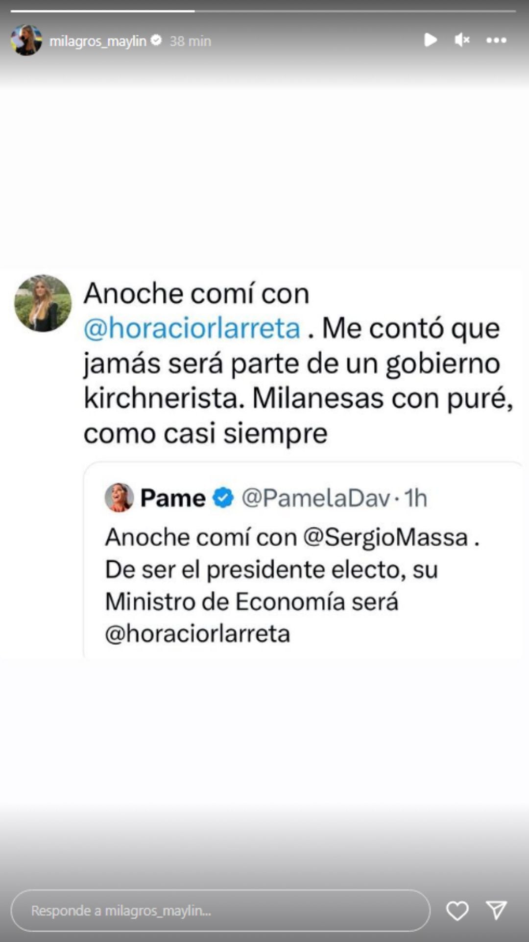 La respuesta de Milagros Maylin a Pamela David para desmentir que Horacio Rodríguez Larreta será ministro de Economía de Sergio Massa