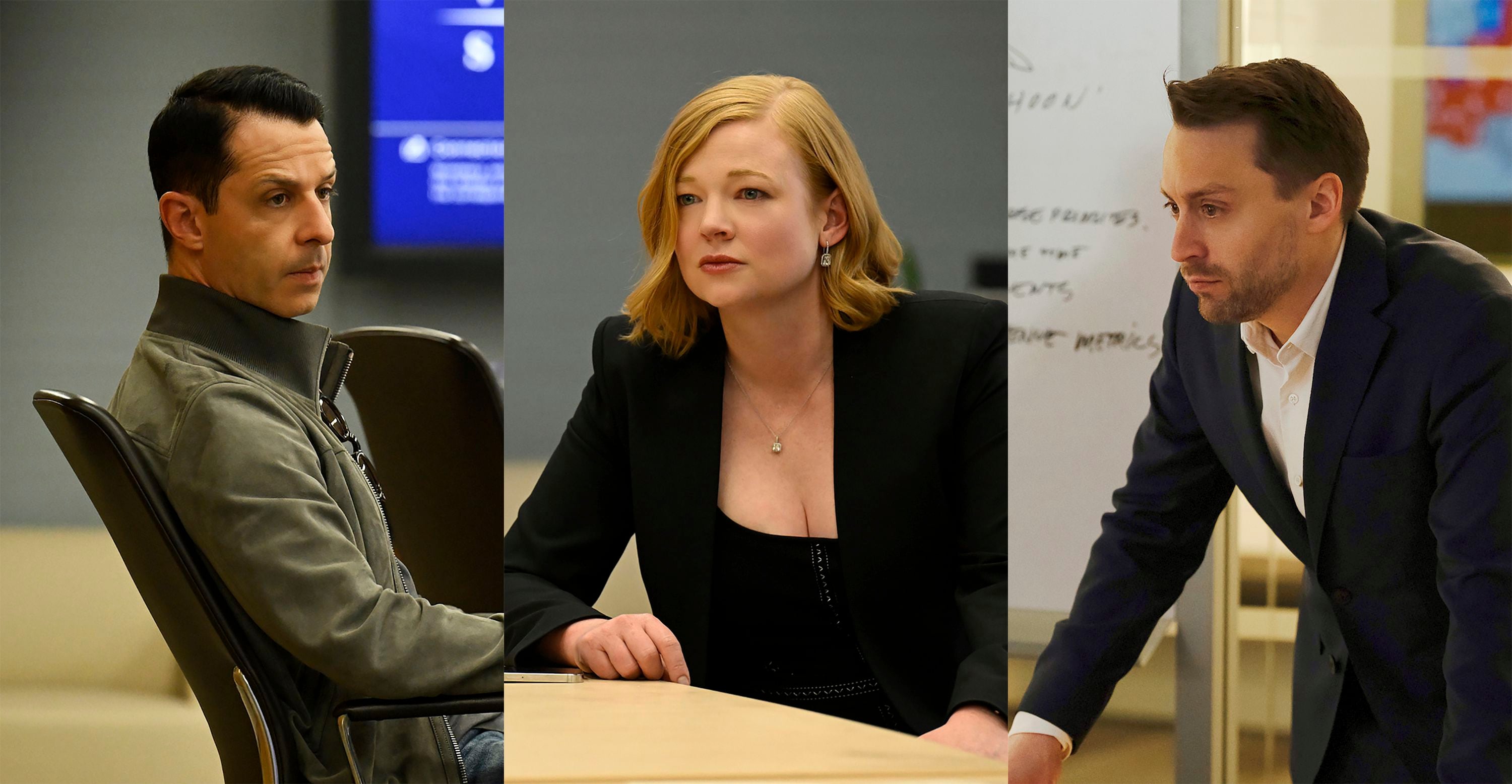 La combinación de tres fotos muestra, izquierda a derecha, a Jeremy Strong como Kendall Roy, Sarah Snook como Siobhan (Shiv) Roy y Kieran Culkin como Roman Roy, de la serie de HBO "Succession". (HBO via AP)