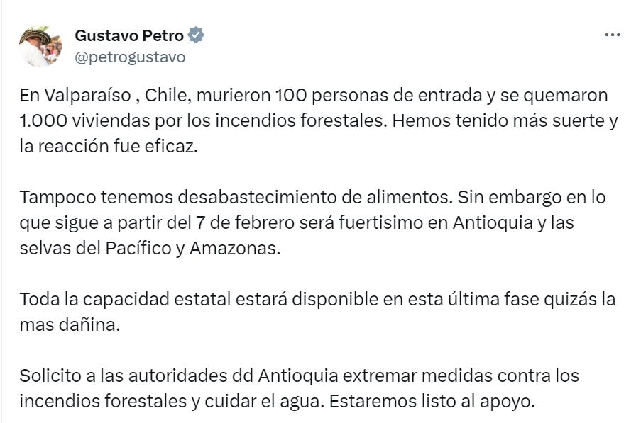 El presidente lanzó advertencia para los departamentos de Antioquia y Amazonas - crédito red social X