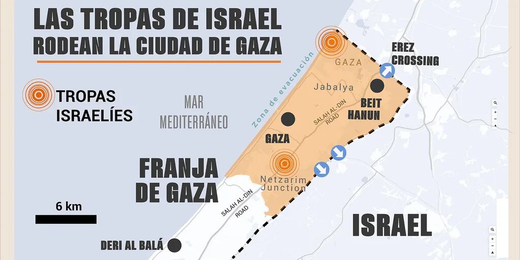 El mapa que muestra cómo las tropas de Israel rodean la ciudad de Gaza