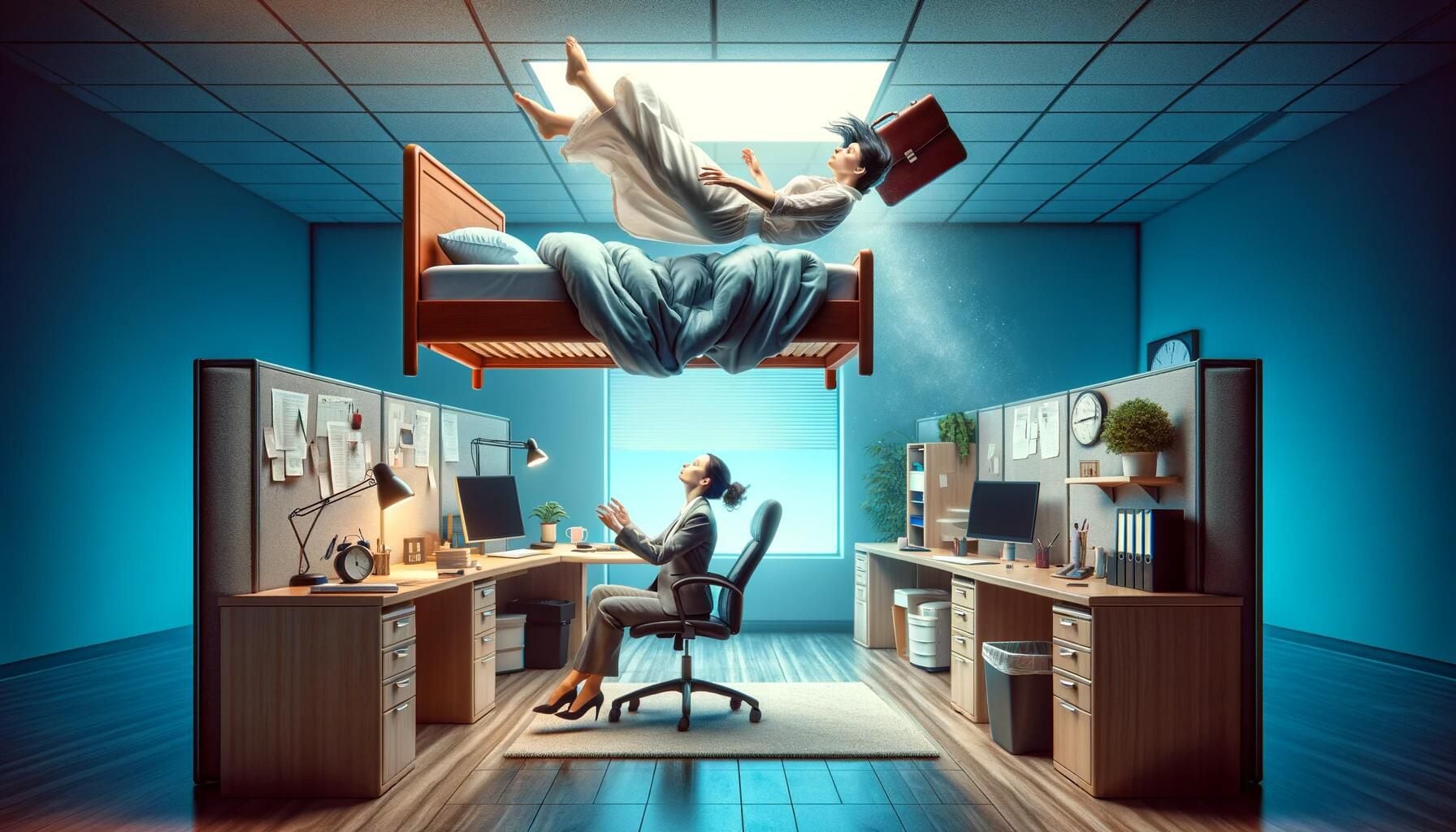 Representación visual de una mujer cayendo con una cama dentro de una oficina, simbolizando el despertar con cansancio. Una expresión gráfica del agotamiento y la falta de sueño en el contexto laboral. (Imagen ilustrativa Infobae)