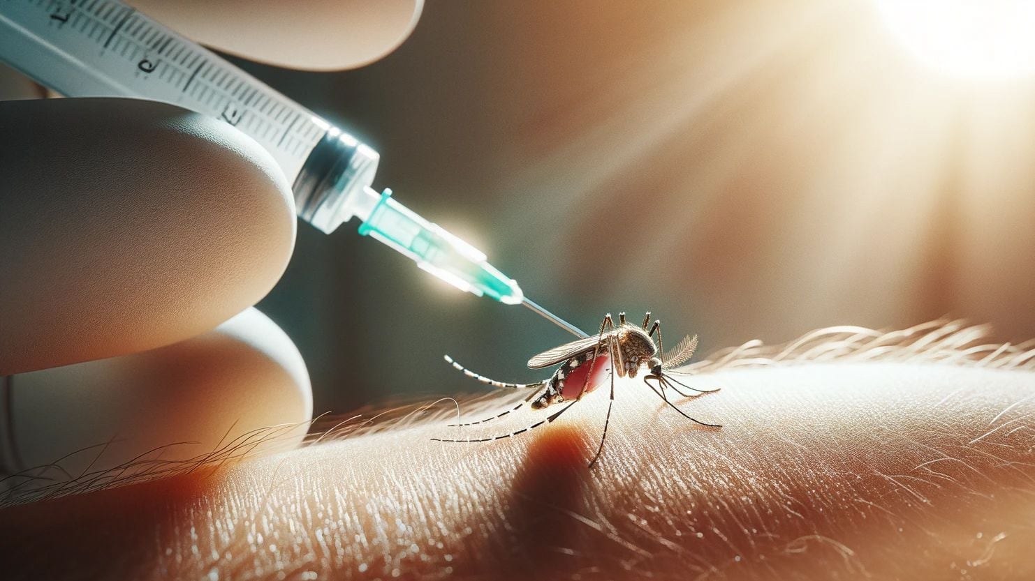 Imagen de vacunación contra el dengue con un aedes aegypti en el brazo, destacando la importancia de prevenir la propagación del virus transmitido por mosquitos. (Imagen ilustrativa Infobae)