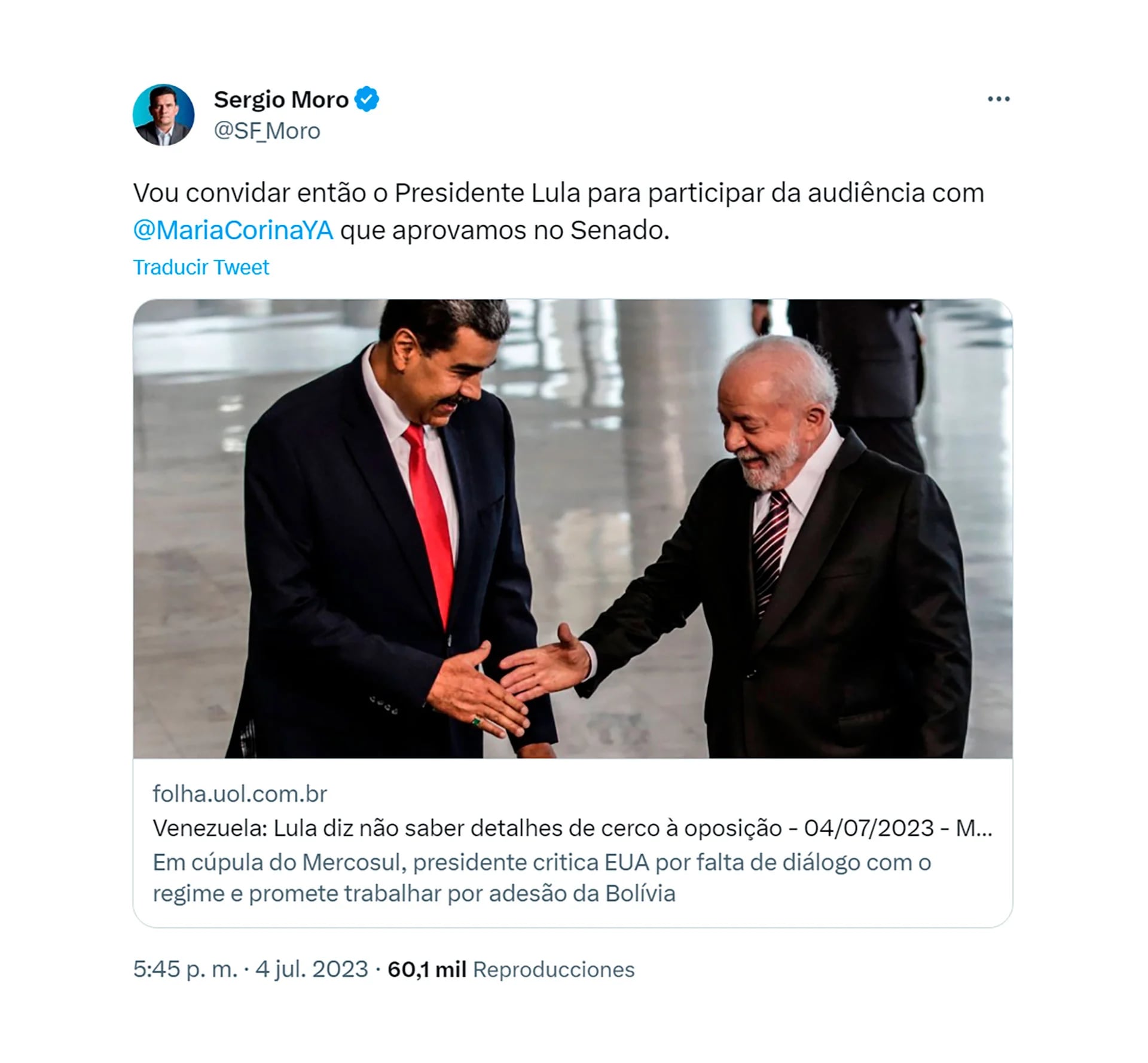 La publicación de Sergio Moro en sus redes sociales