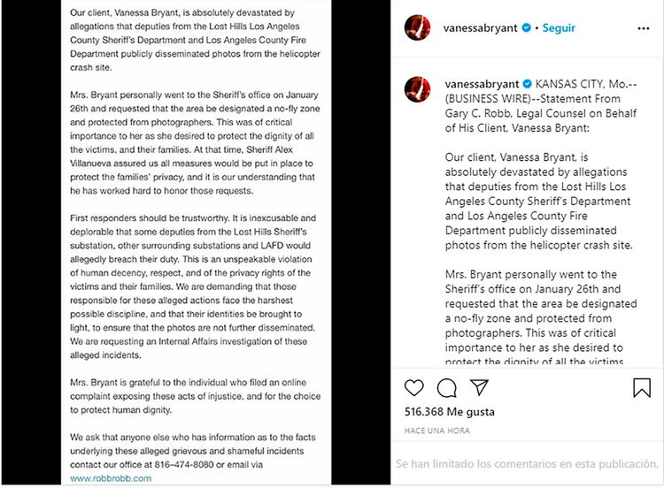 El comunicado publicado en el Instagram de Vanessa Bryant