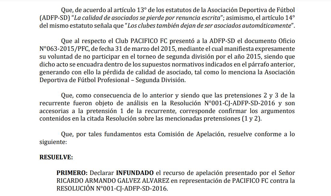 Resolución de Comisión de Apelación FPF que declaró infundado pedido de Pacífico FC.