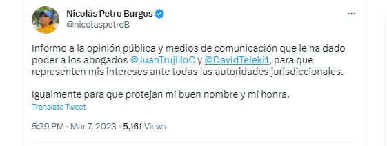 El hijo mayor del presidente dio a conocer quiénes lo representarán ante la justicia que lo investiga por petición de su padre, Gustavo Petro. Twitter.