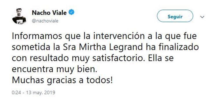 El mensaje de Nacho Viale confirmando que la operación de Mirtha Legrand fue exitosa (Foto: Twitter)