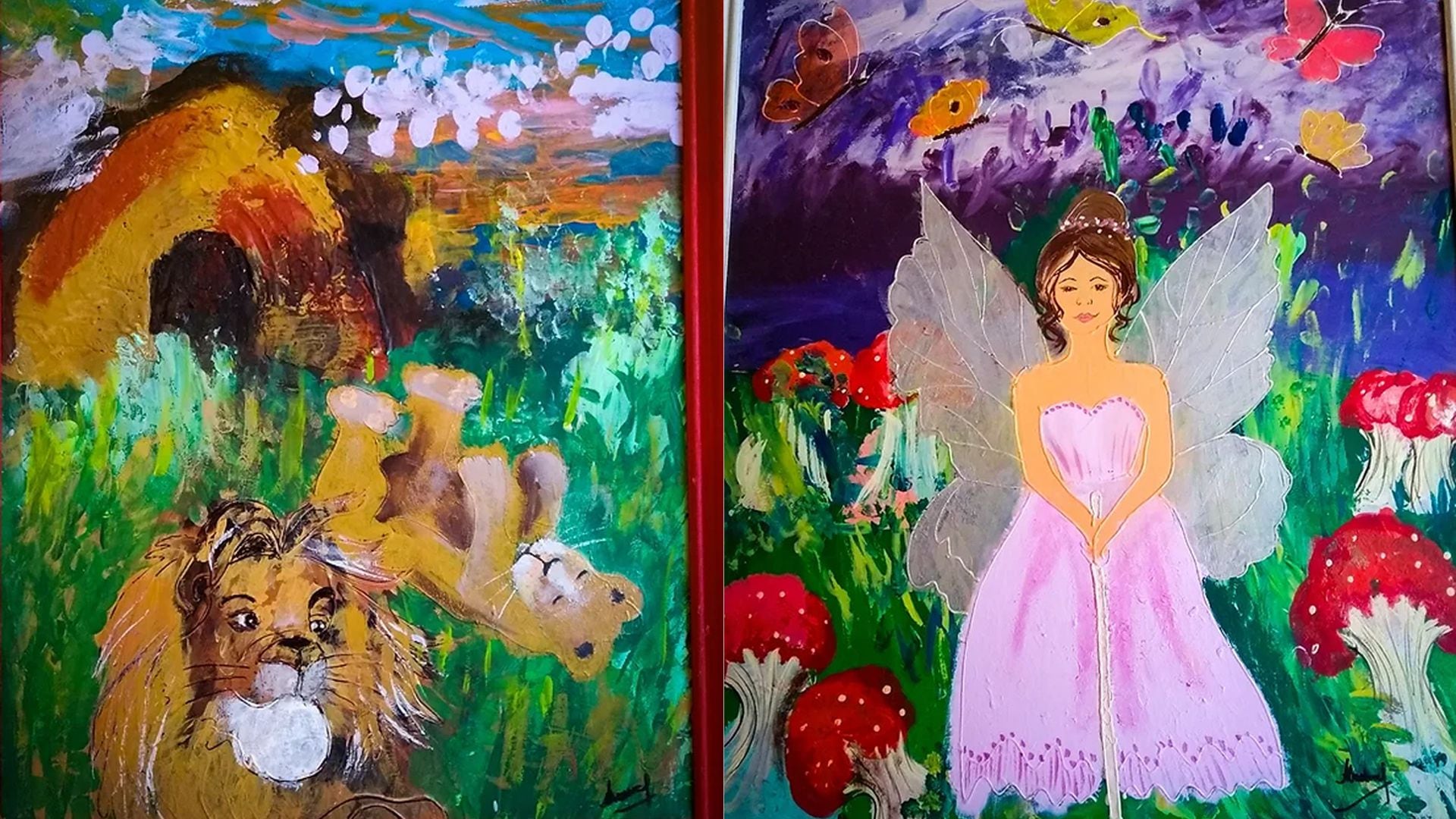 Dos de las obras que hizo Cristina poco después de quedarse ciega, tituladas "Aprender a volar" y "Dos leones viejos"