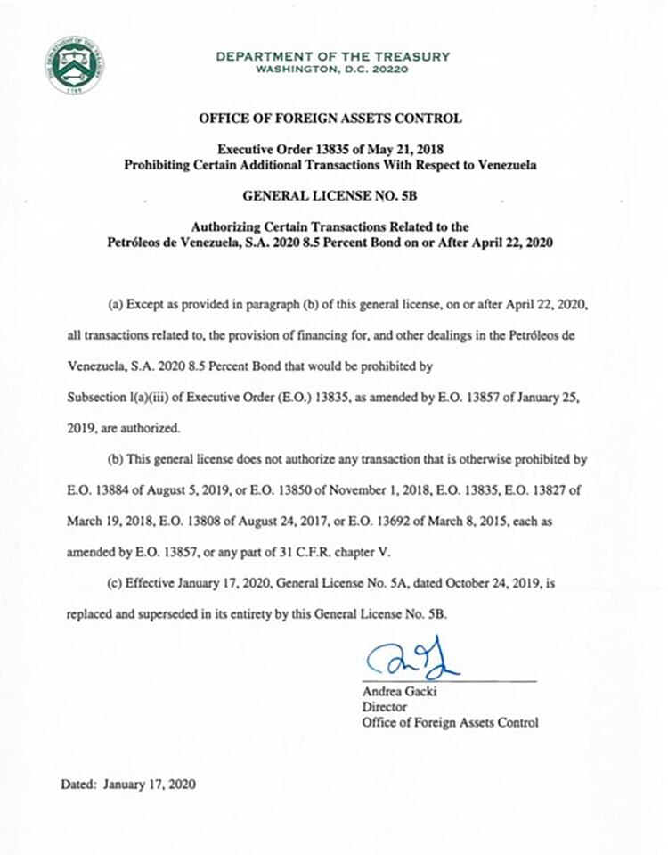 El Departamento del Tesoro estadounidense extendió por 90 días la licencia que impide que tenedores del bono PDVSA 2020 ejecuten la garantía sobre Citgo