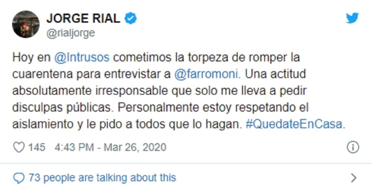 El tuit de Jorge Rial