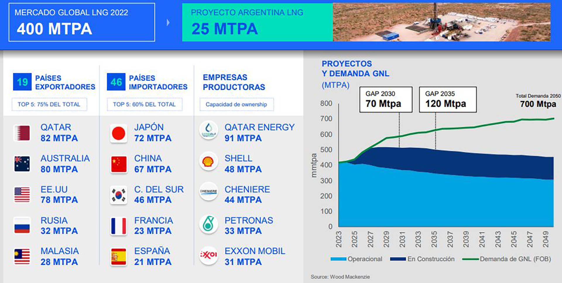 Principales países exportadores e importadores y principales empresas productoras de GNL en el mundo. Petronas, con quien YPF tiene un preacuerdo, es la cuarta del mundo