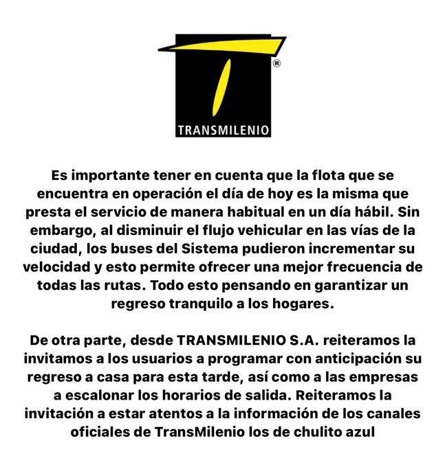De esta manera el servicio de transporte masivo de la ciudad, aclaró la razón de la asertiva operación del sistema, durante la jornada del día sin carro y moto. Foto vía @TransMilenio