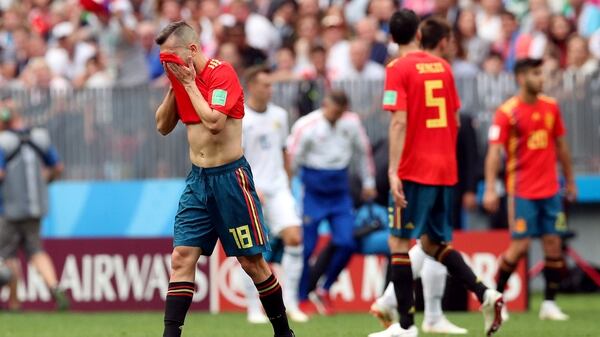 Soccer Football – World Cup – Round of 16 – Spain vs Russia – Luzhniki Stadium, Moscow, Russia – July 1, 2018 Spain’s Jordi Alba reacts REUTERS/Albert Gea