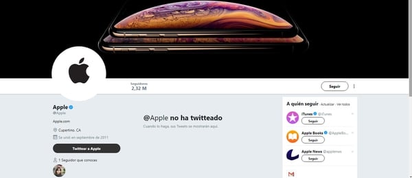 La cuenta oficial de Apple en Twitter tiene 2,3 millones de seguidores.