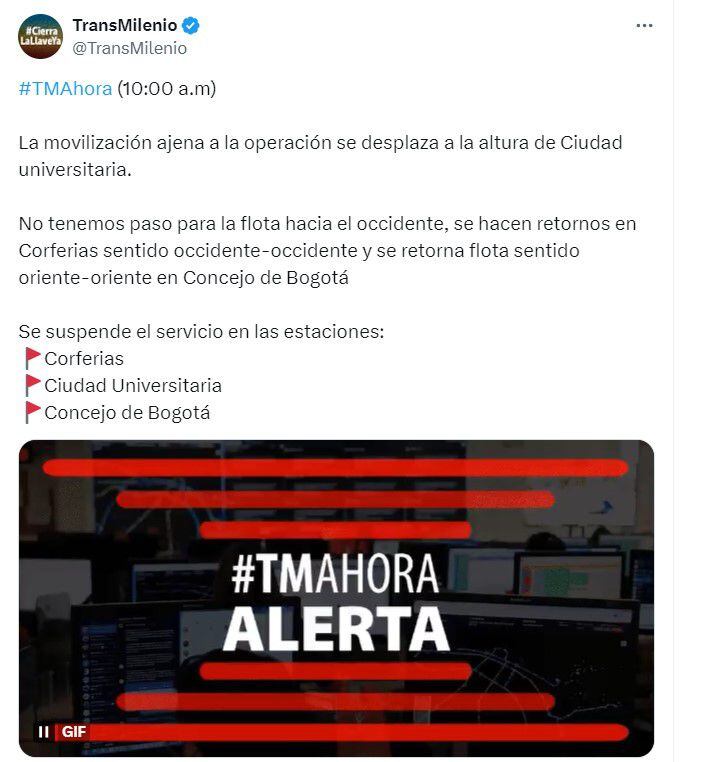 Tres estaciones más de TM suspenden el servicio por la Calle 26 - crédito @TransMilenio/X