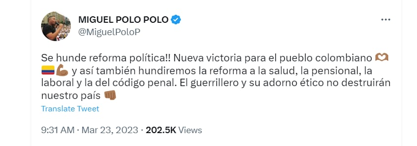 El representante a la Cámara dijo que esta es una victoria del pueblo colombiano. Twitter.