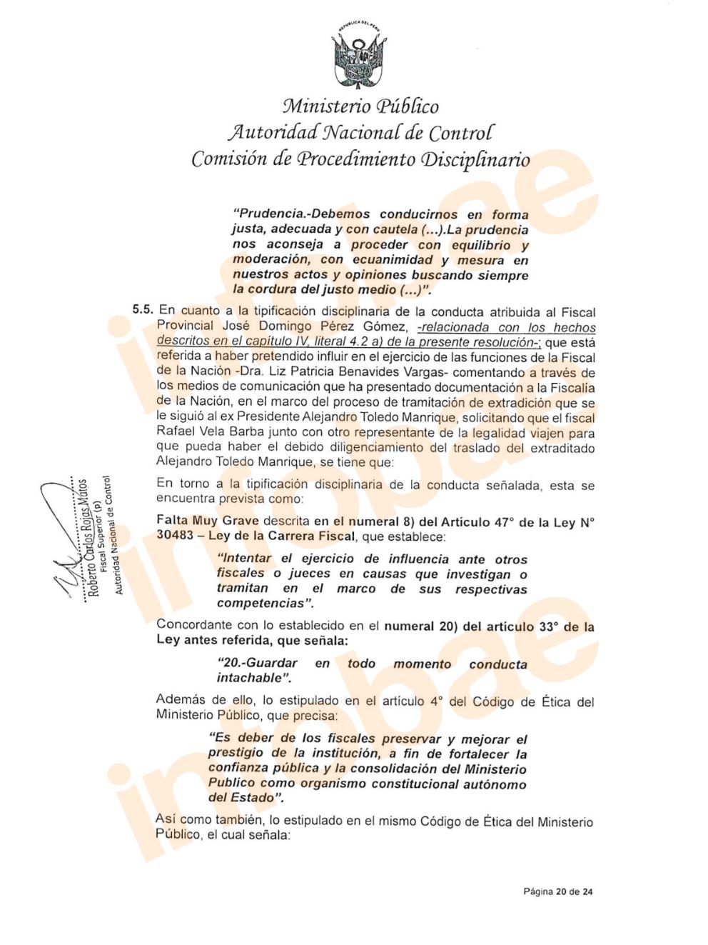 Cargos que le atribuye la Autoridad Nacional de Control a José Domingo Pérez. Foto: Documento