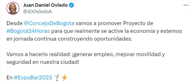 Juan Daniel Oviedo quiere que Bogotá sea 24/7 - crédito @JDOviedoA/X