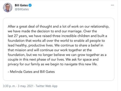 Bill Gates anunció su divorcio en redes sociales (Foto: Twitter / @BillGates)
