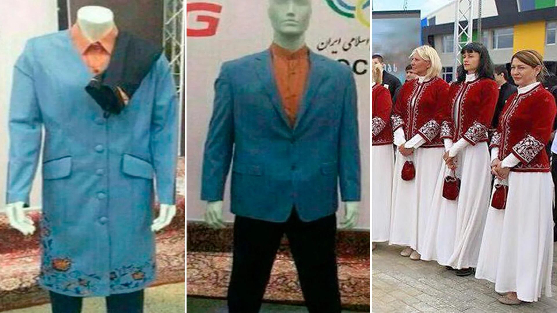 Los trajes de las delegaciones olímpicas de Irán (izquierda) y Georgia (derecha)
