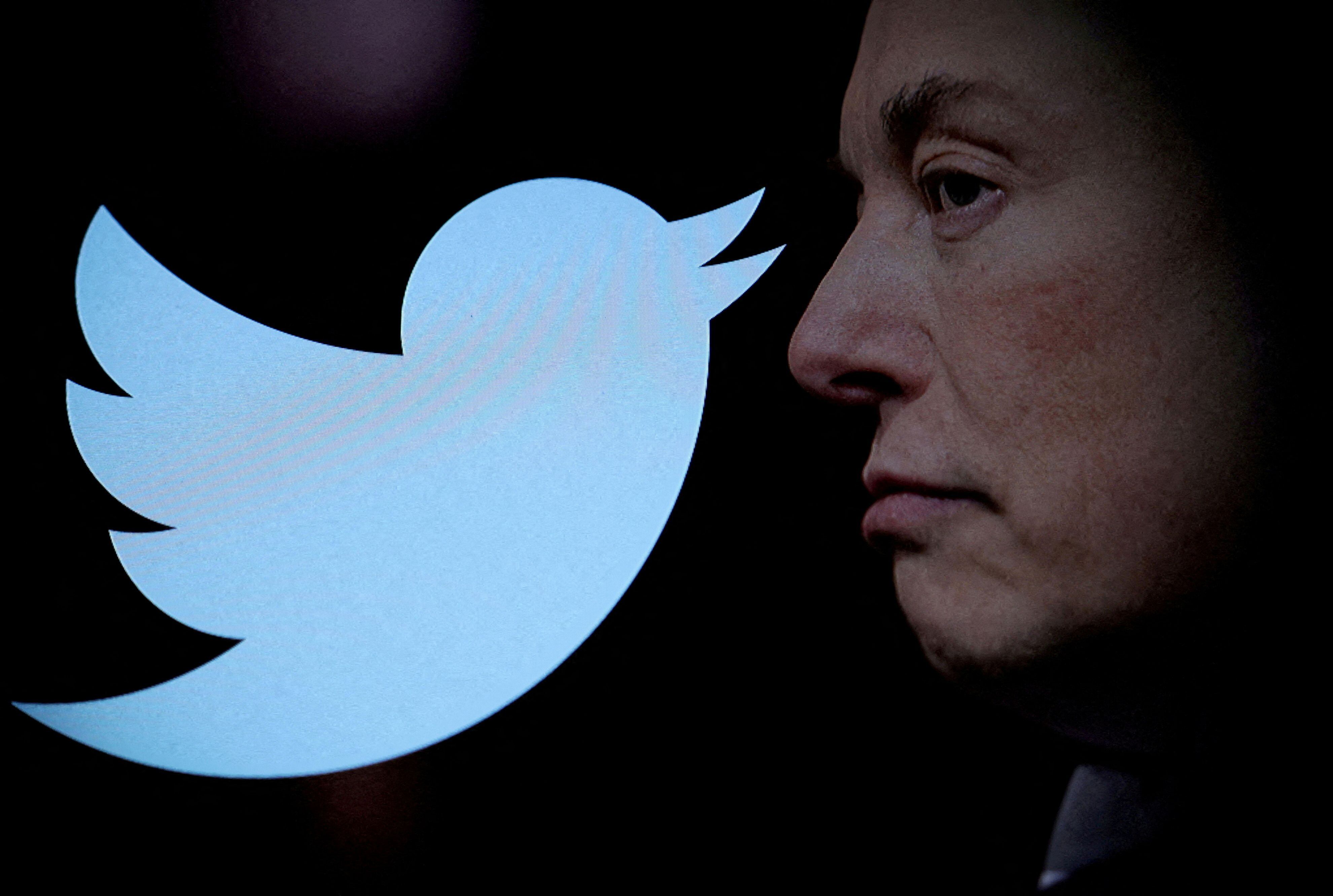 FILE PHOTO: Twitter logo and a photo of Elon Musk are displayed through magnifier in this illustration taken October 27, 2022. REUTERS/Dado Ruvic/Illustration/File Photo/File Photo