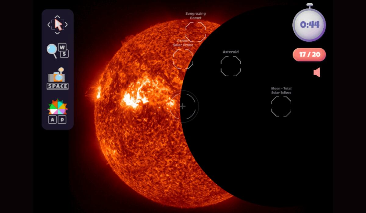 El objetivo de este juego es tomar fotografías de eclipses y objetos que transitan por el Sol. (NASA)
