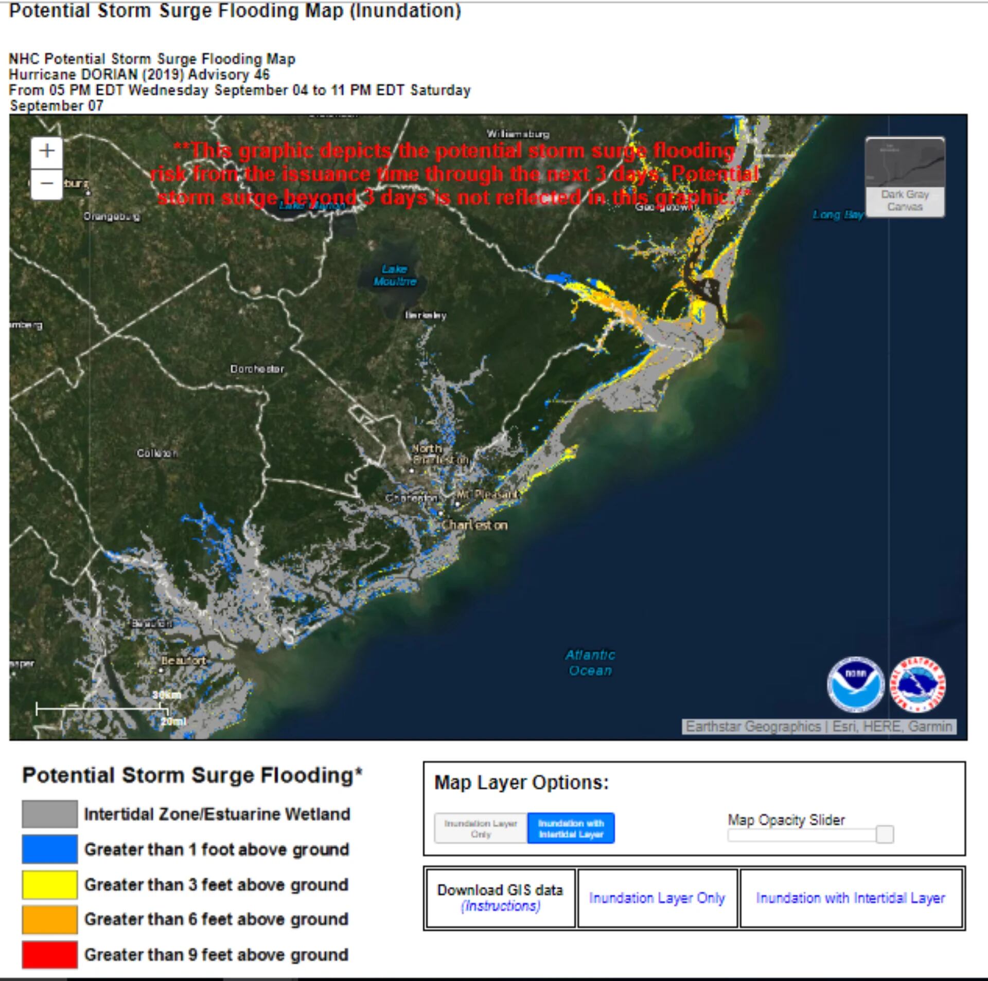 Los pronósticos con las potenciales zonas de inundación en la costa sudeste de los Estados Unidos para los próximos tres días (Foto: NHC)
