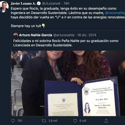 Javier Lozano hizo referencia a la carrera a las que estudió la hija de Rocío Nahle (Foto: Twitter @JLozanoA)